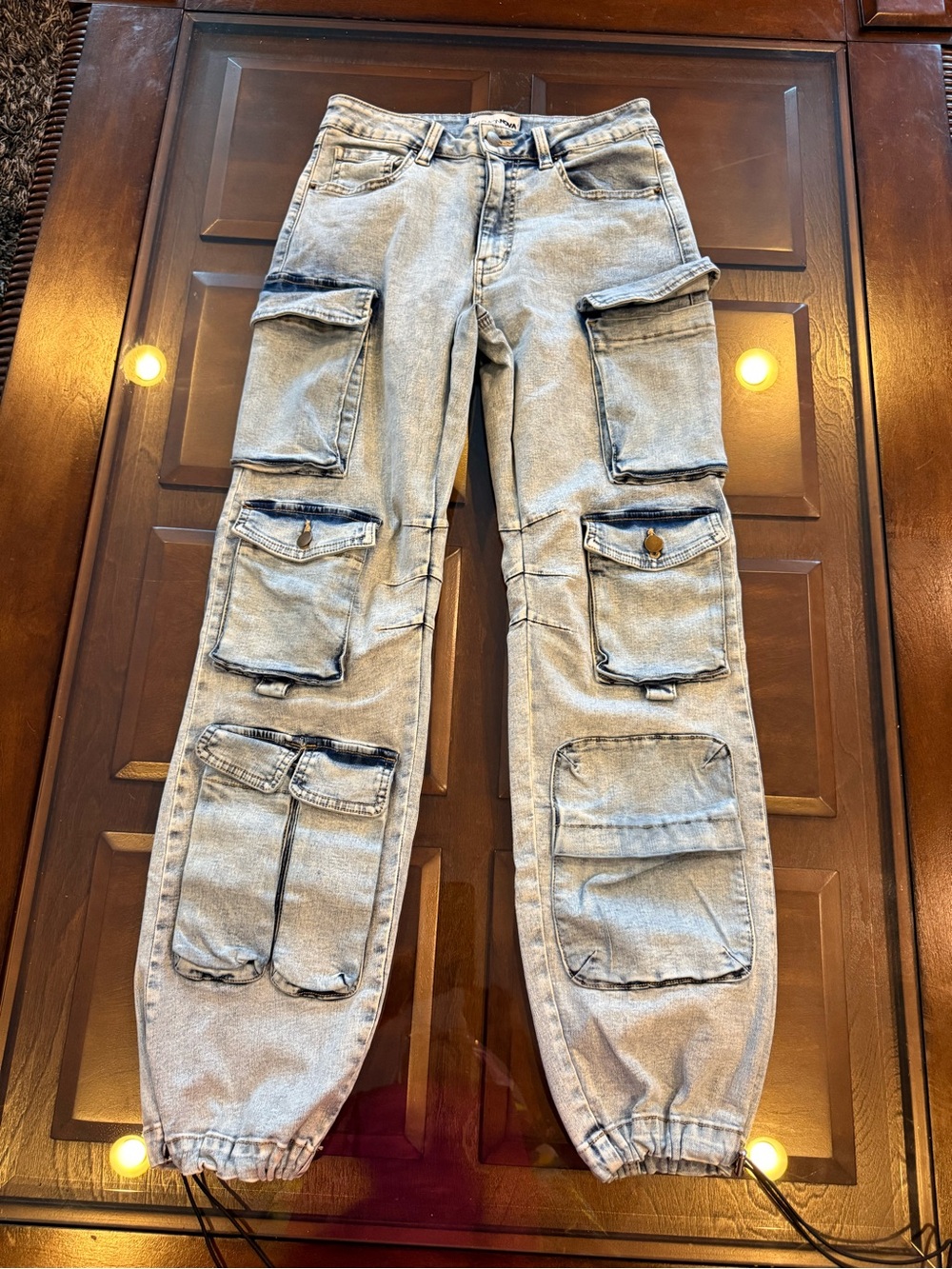 Fashion Nova Cargo Jeans JR Size 5 Light Acid Wash Multi Pocket Jogger
